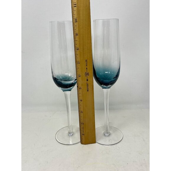 Set Of 2 Pier 1 One Crackle Glass Teal Blue Champagne Glasses Flutes 10" Tall - Picture 7 of 9